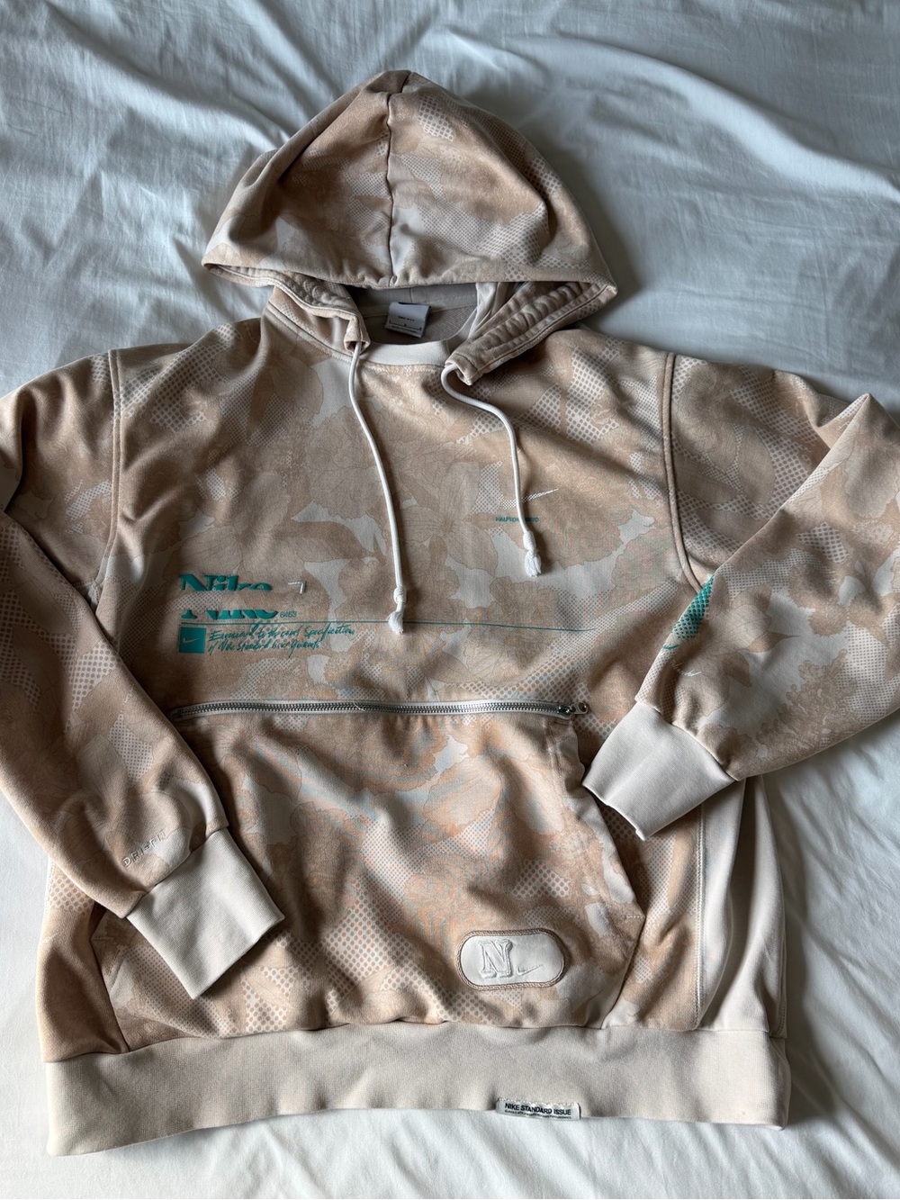 Nike Beige Camo Pullover Hoodie with Teal Accents